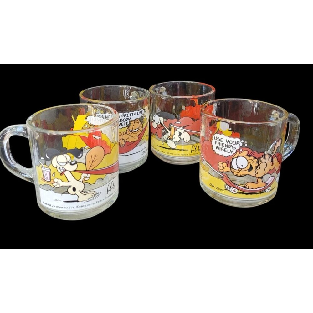 Vintage 1978‎ McDonalds Garfield & Odie Glass Mugs Set Of 4 Cartoon Graphics